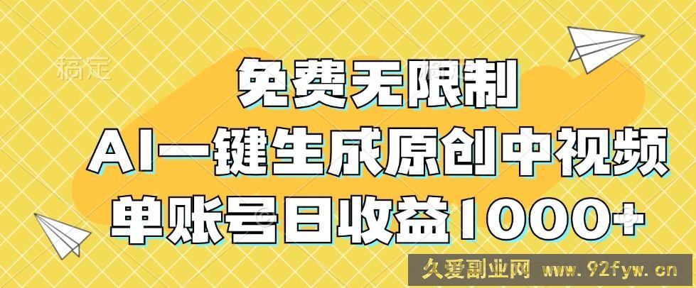 免费无限制，AI一键生成原创中视频，单账号日收益1000+