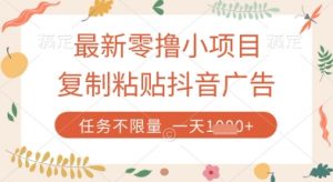最新零撸小项目，复制粘贴抖音广告即可挣钱，平台大水，任务不限量，一天数张【揭秘】-吾爱副业网