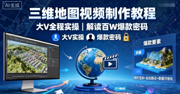 久爱副业网,网赚项目,网赚论坛博客网分享三维地图视频制作教程,大V全程实操,解读百W爆款密码