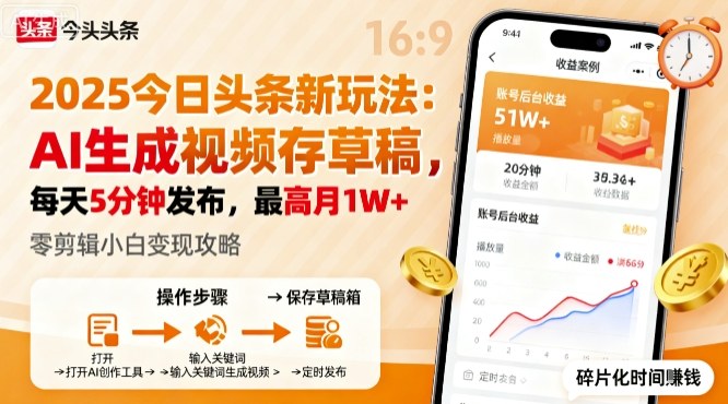 久爱副业网,网赚项目,网赚论坛博客网分享2025年今日头条躺賺新玩法，AI生成视频存草稿，每天5分钟发布，最高月1W+【揭秘】