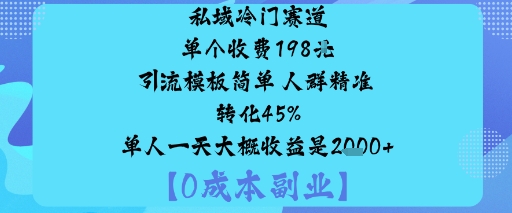 久爱副业网,网赚项目,网赚论坛博客网分享私域冷门赛道:单个收费198米引流模板简单人群精准转化45%单人一天大概收益是1k+