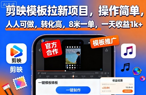 久爱副业网,网赚项目,网赚论坛博客网分享剪映模板拉新项目,操作简单,人人可做,转化高,8米一单,一天收益1k+